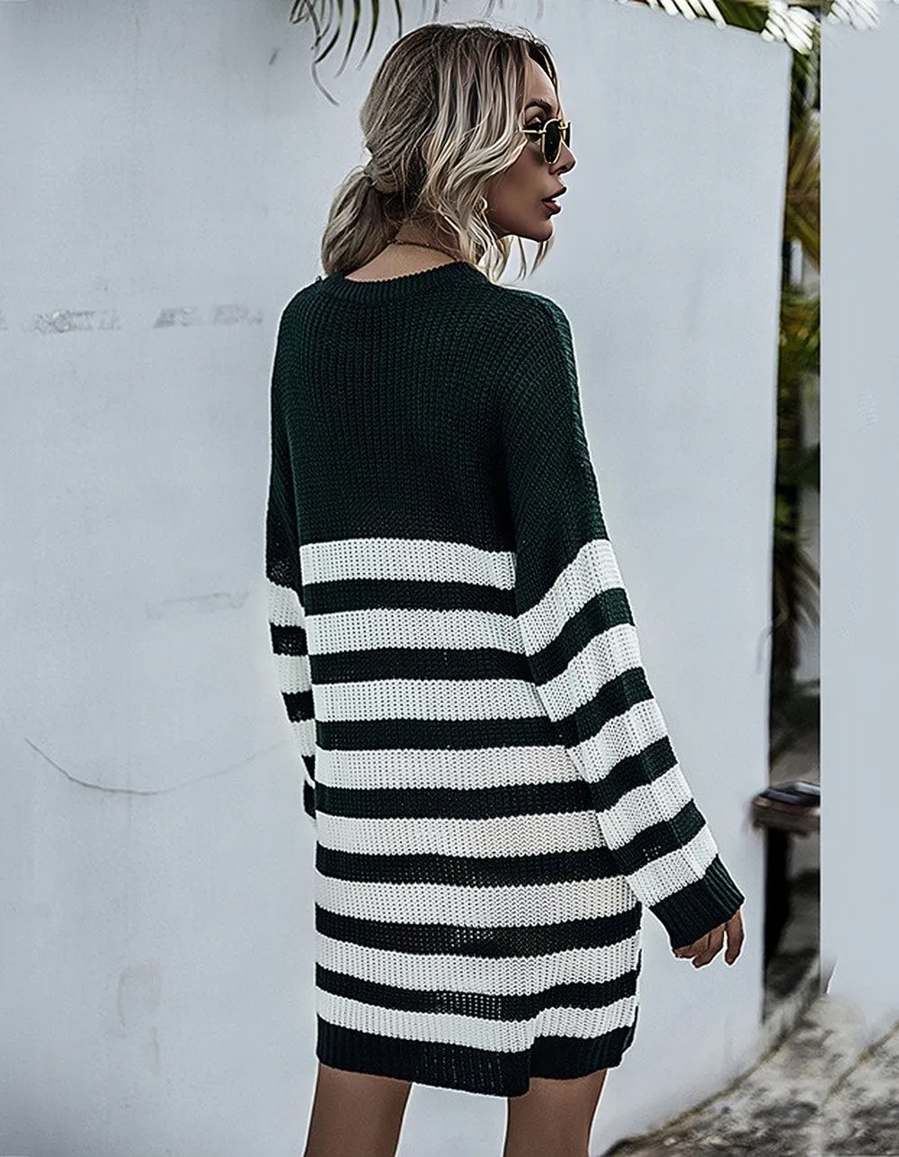 Long Sleeve Strpe PrintedRound Neck Knitted Sweater Dresses