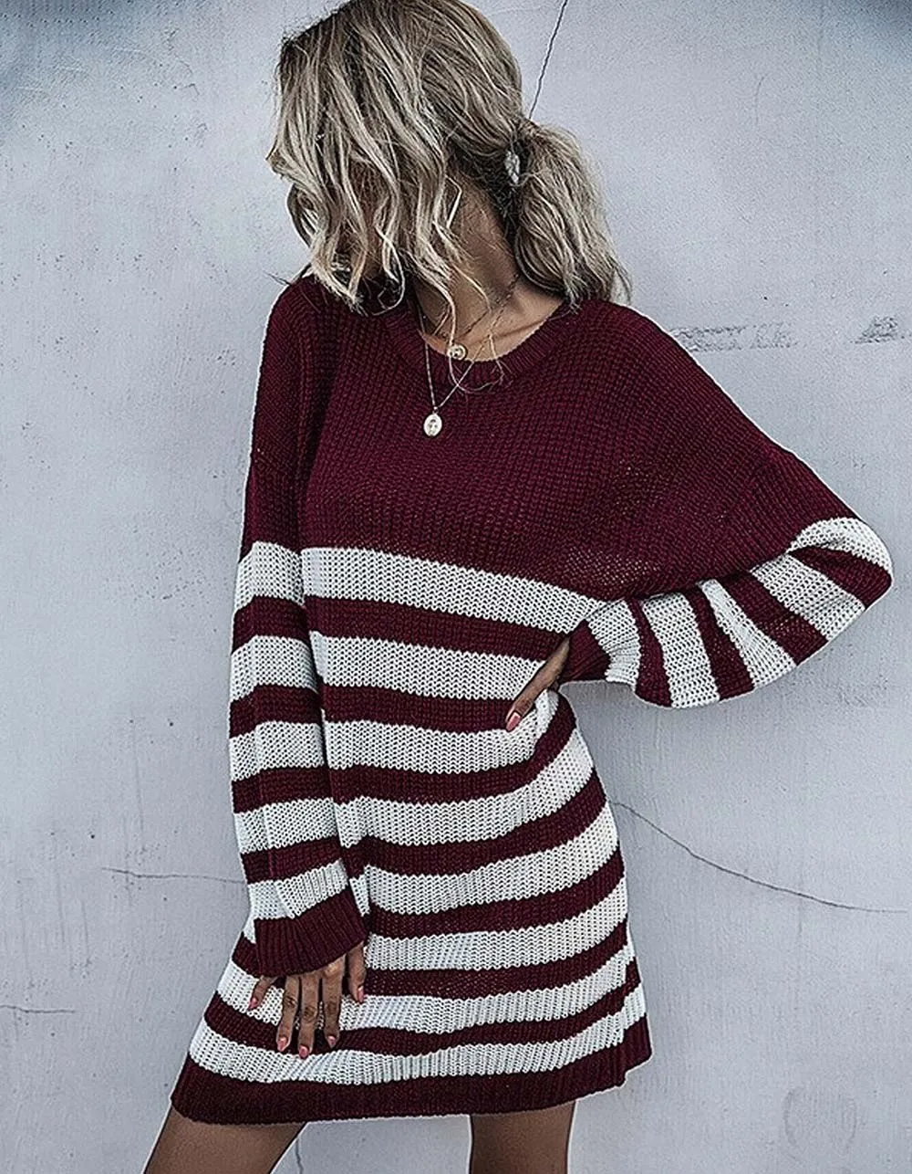 Long Sleeve Strpe PrintedRound Neck Knitted Sweater Dresses