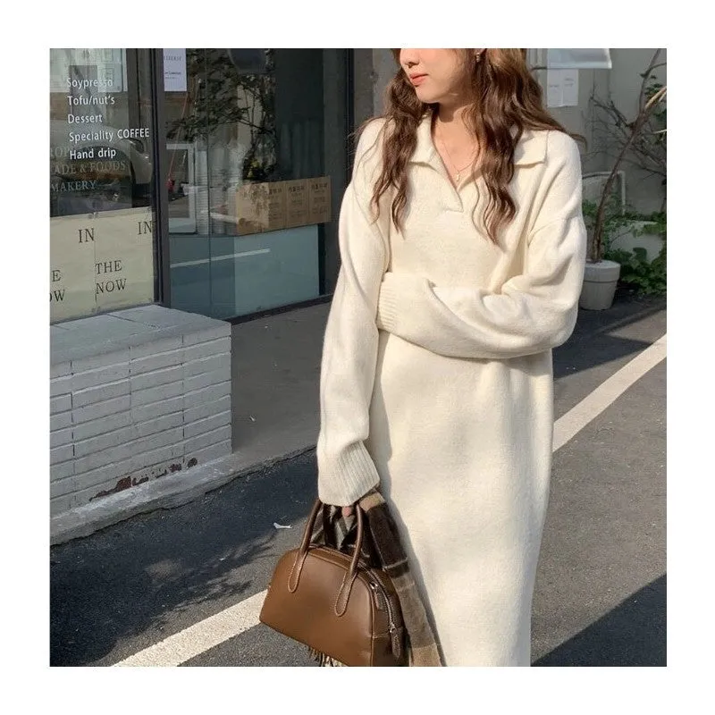 Loose Fit Knee-Length Solid Color Knitted Dress