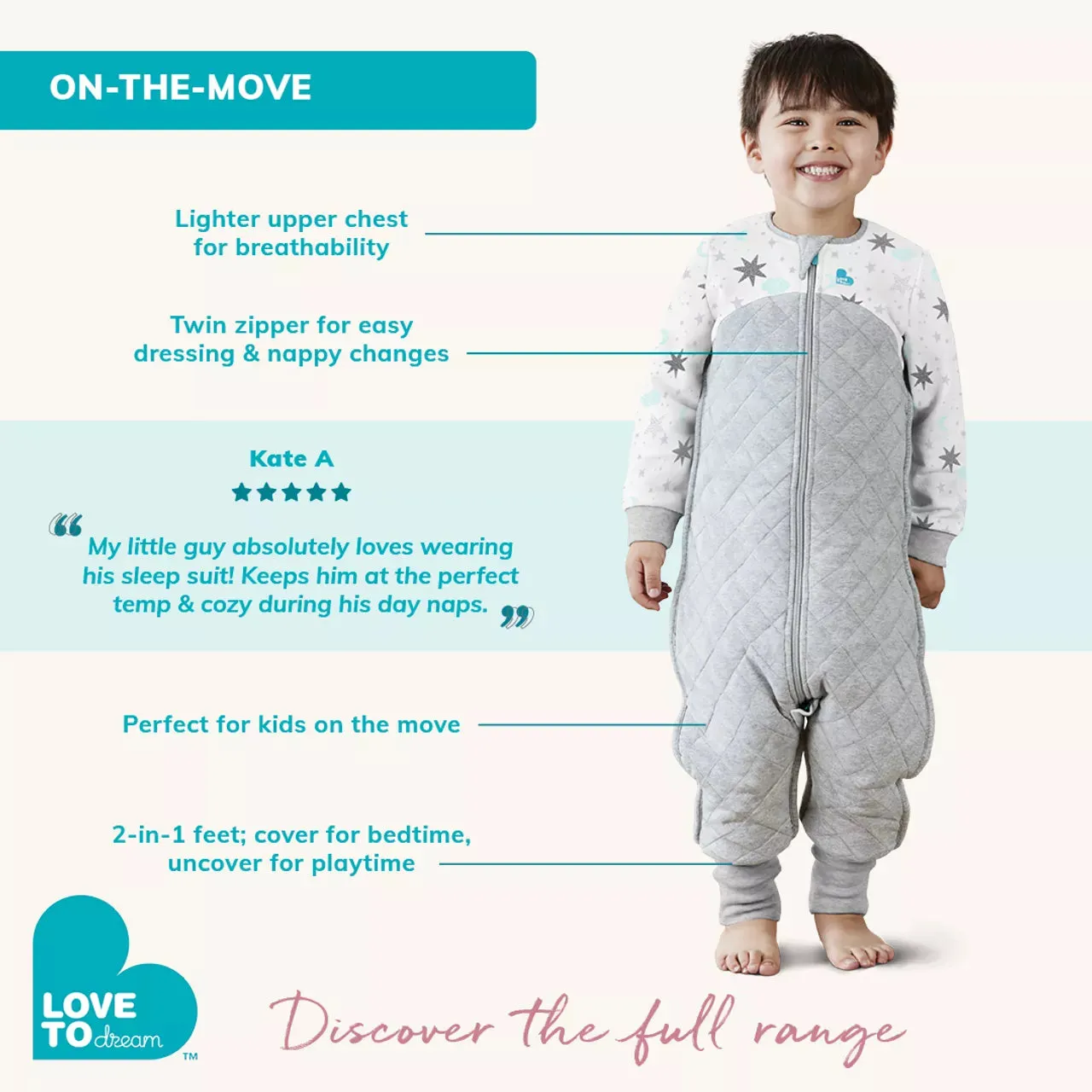 Love To Dream Organic Sleep Suit with Australian Merino Wool 2.5 TOG - Grey Clouds