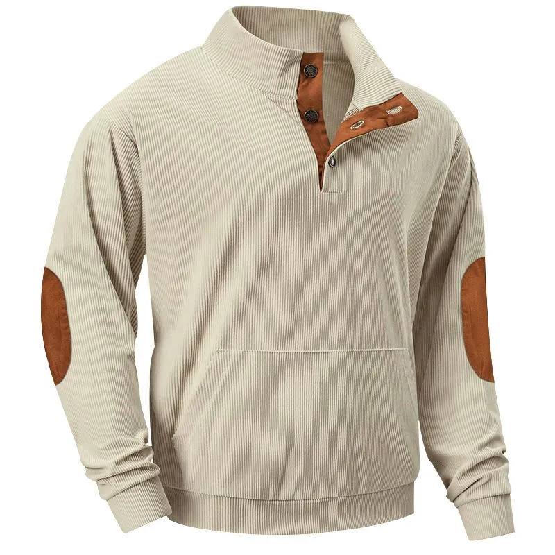 Men's Casual Corduroy Stand Collar Kangaroo Pocket Loose Long Sleeve Sweatshirt 74007115M