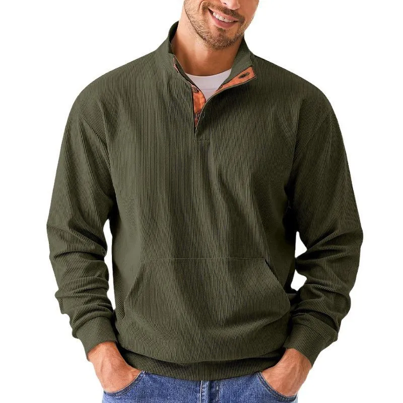 Men's Casual Corduroy Stand Collar Kangaroo Pocket Loose Long Sleeve Sweatshirt 74007115M