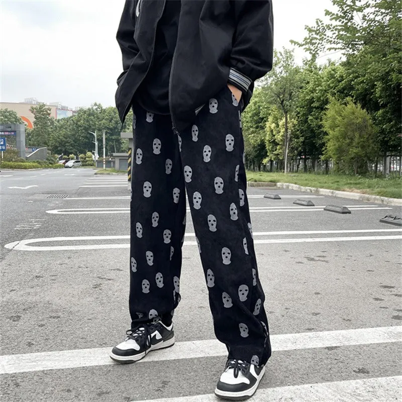 Men's Skull Print Casual Corduroy Drawstring Baggy Pants