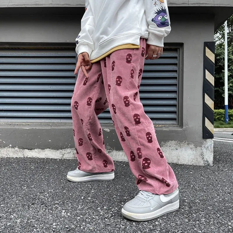 Men's Skull Print Casual Corduroy Drawstring Baggy Pants