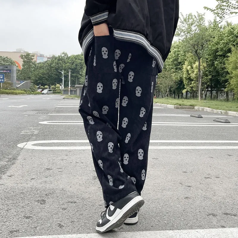 Men's Skull Print Casual Corduroy Drawstring Baggy Pants