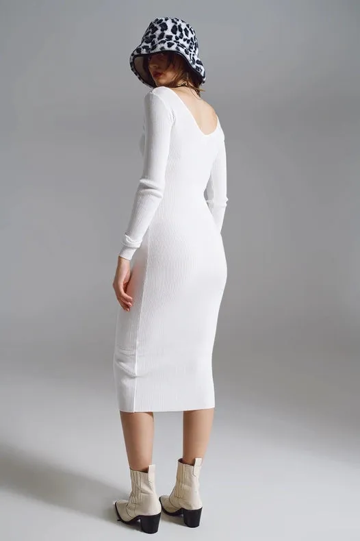 Midi Bodycon Knitted Dress With V-Neck In White