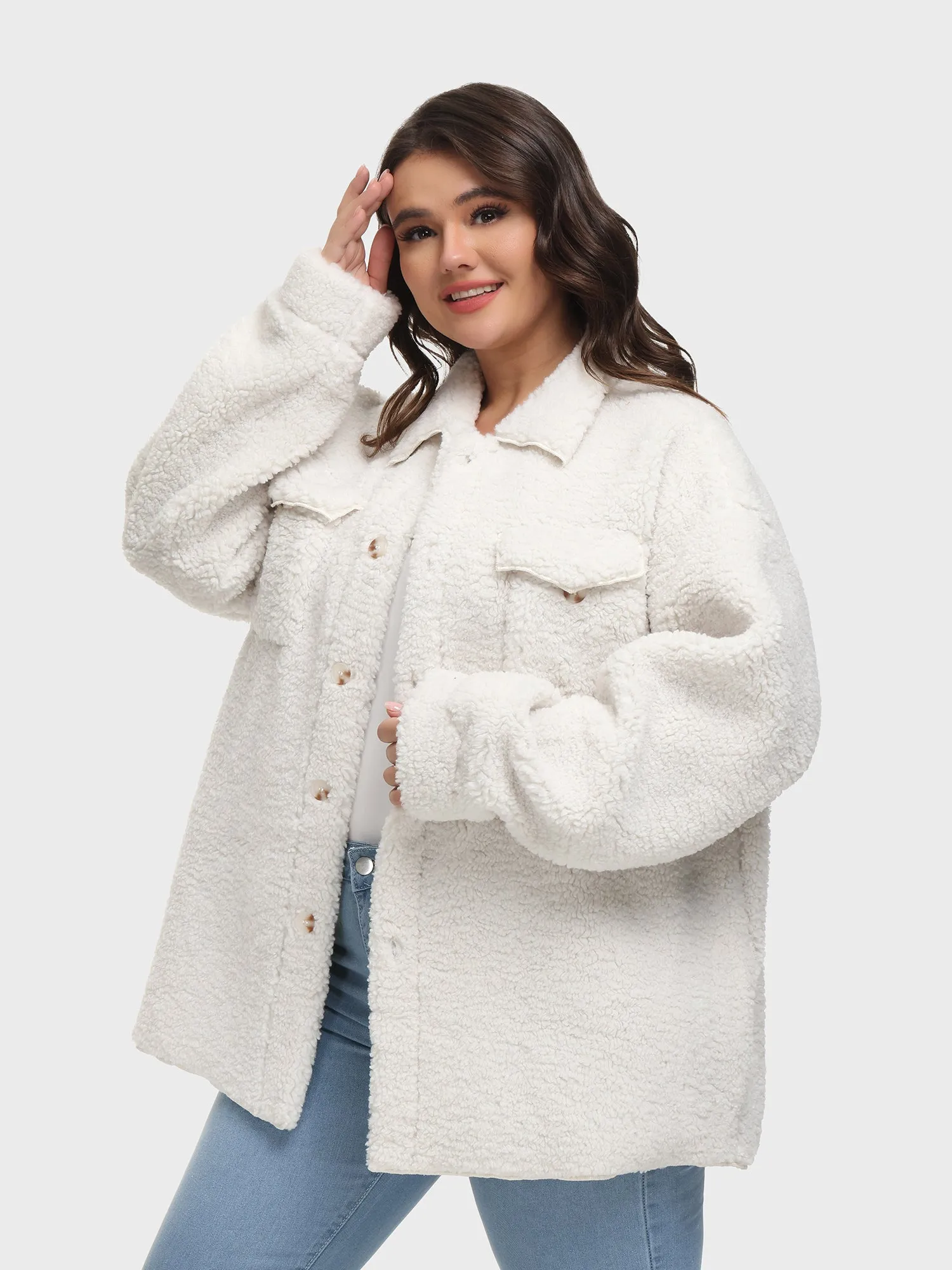 Midsize Button Down Teddy Plush Jacket