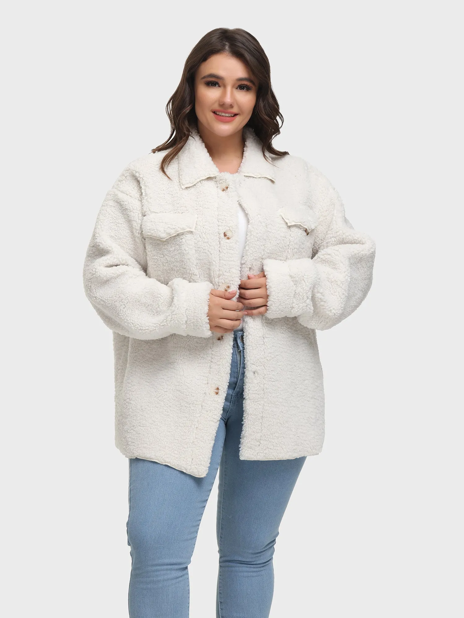 Midsize Button Down Teddy Plush Jacket