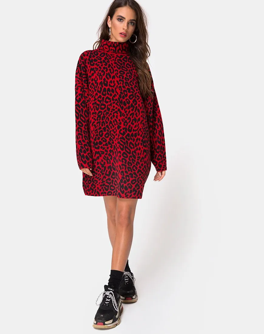 Neivie Jumper Dress in Animal Knit Red