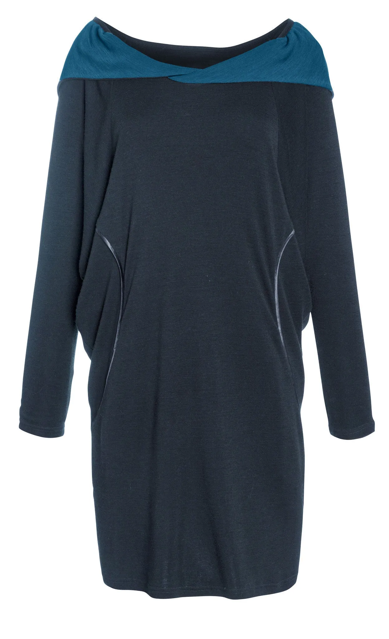 Outsider hoodie dress merino wool in steel grey with teal