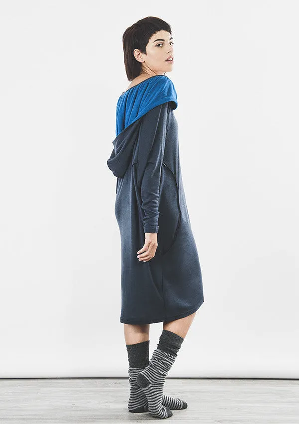 Outsider hoodie dress merino wool in steel grey with teal