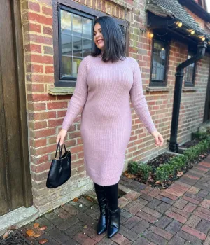 Pink Ribbed Knitted Funnel Neck Dress