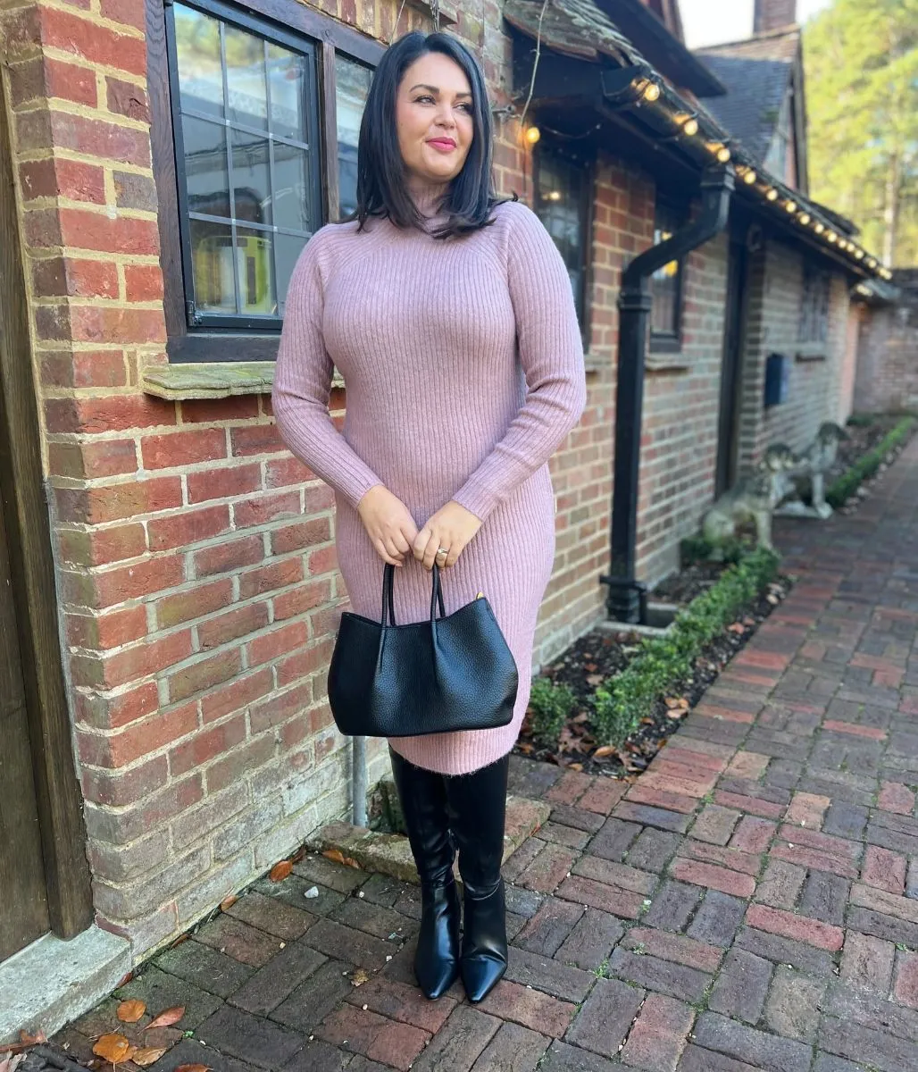 Pink Ribbed Knitted Funnel Neck Dress