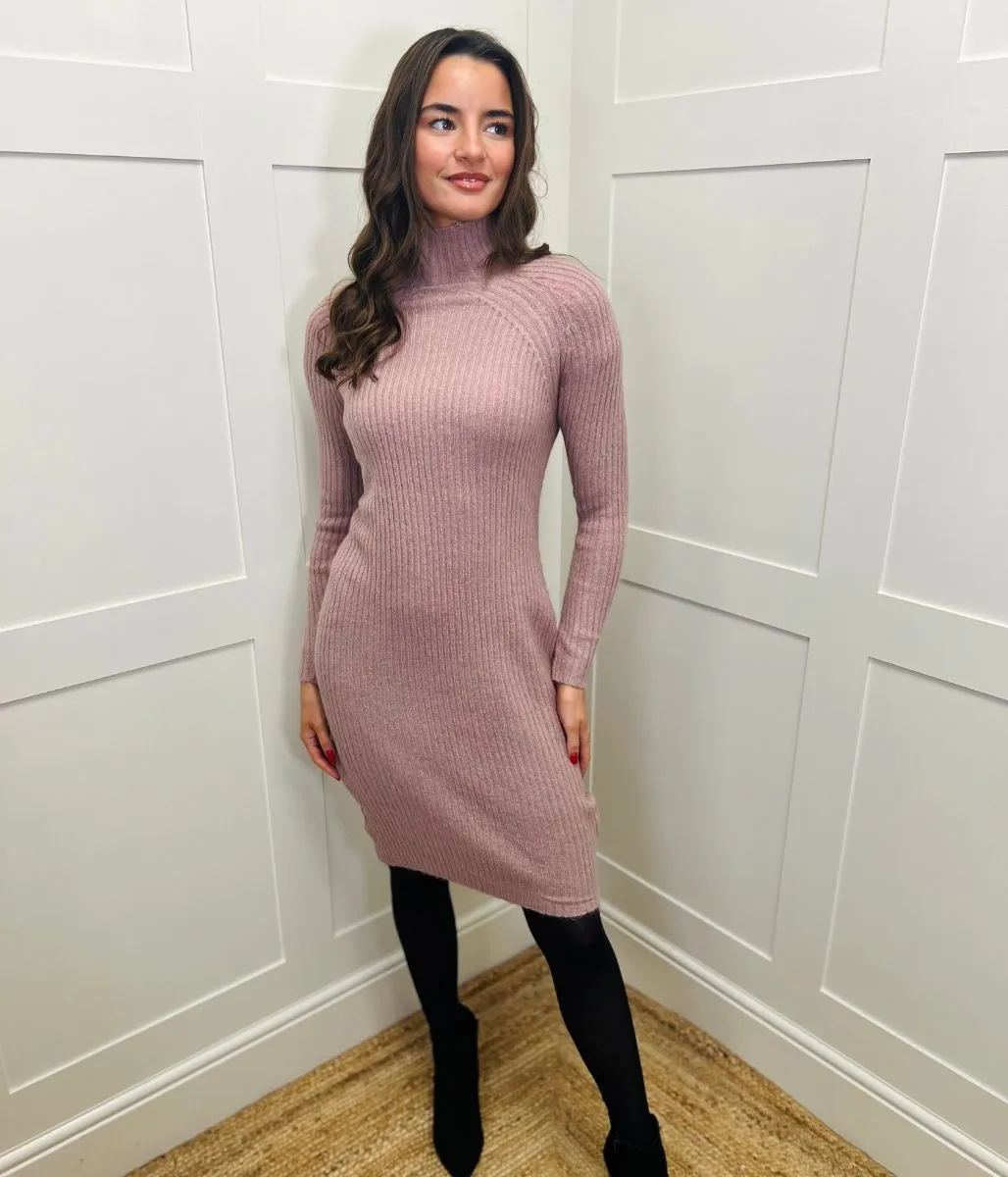 Pink Ribbed Knitted Funnel Neck Dress