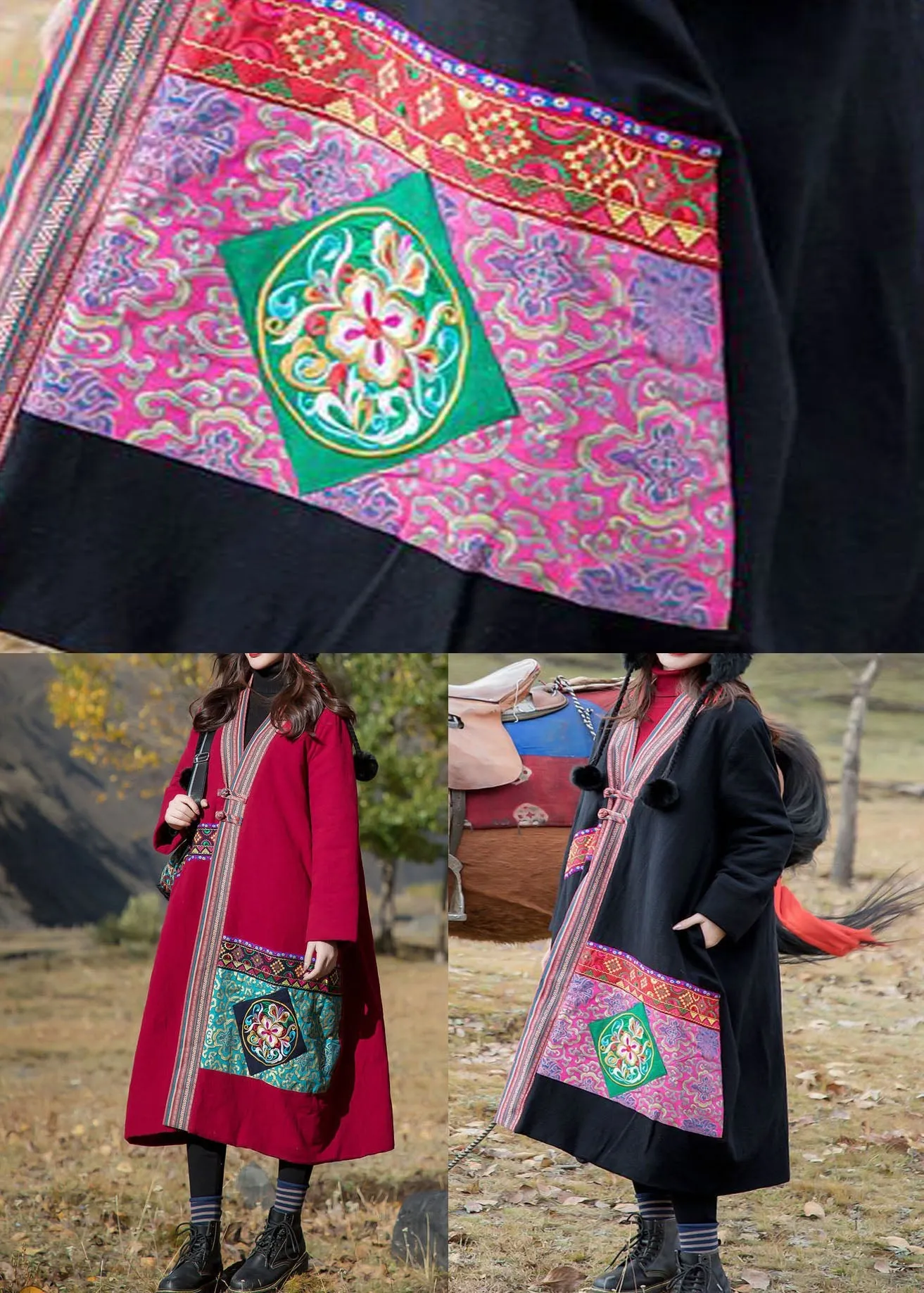 Red Patchwork Applique Fine Cotton Filled Long Coats Embroideried Oriental Button Winter