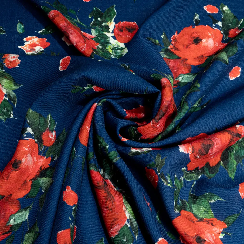 Red Rose Printed French Blue Pure Merino Wool