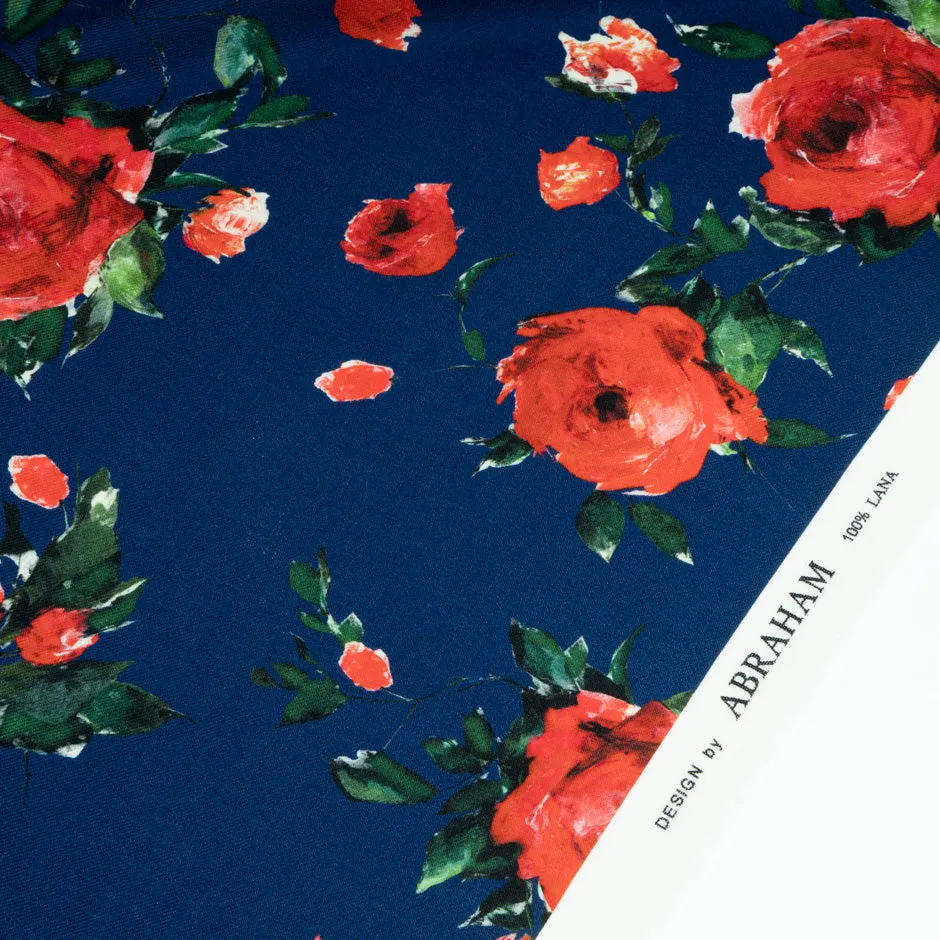 Red Rose Printed French Blue Pure Merino Wool