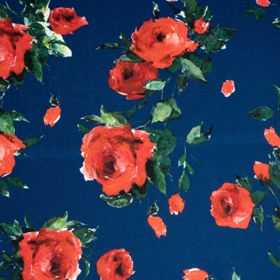 Red Rose Printed French Blue Pure Merino Wool