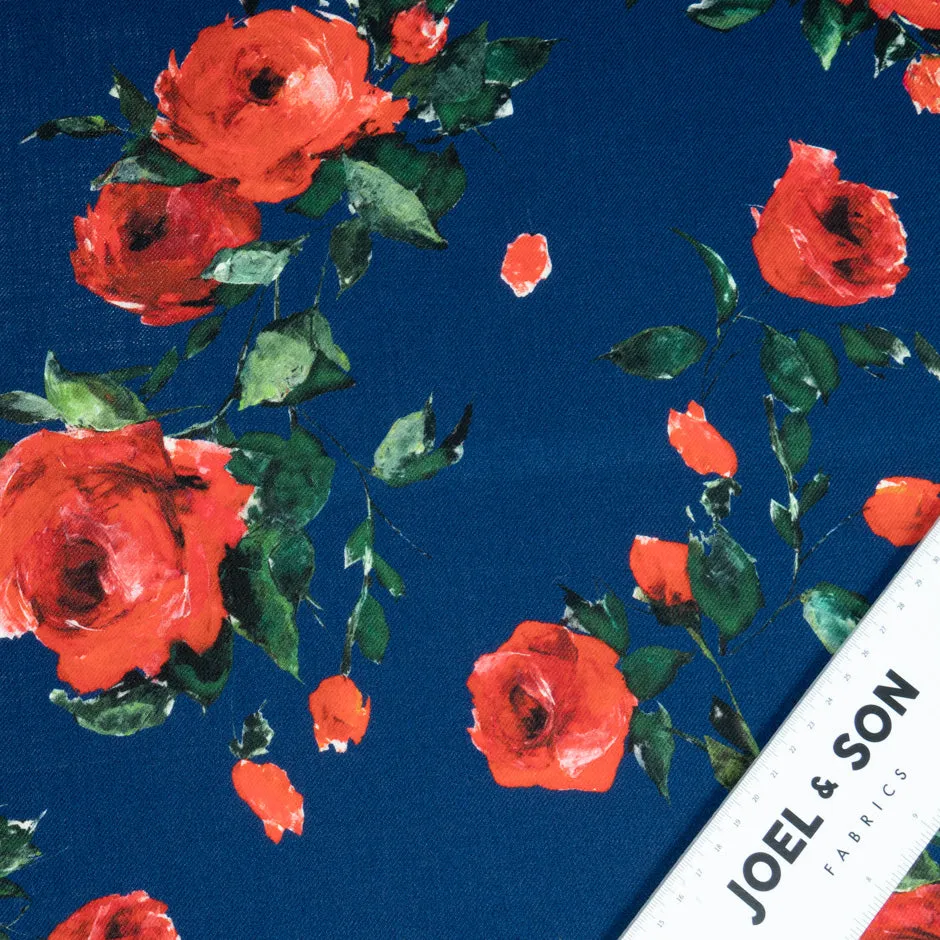 Red Rose Printed French Blue Pure Merino Wool