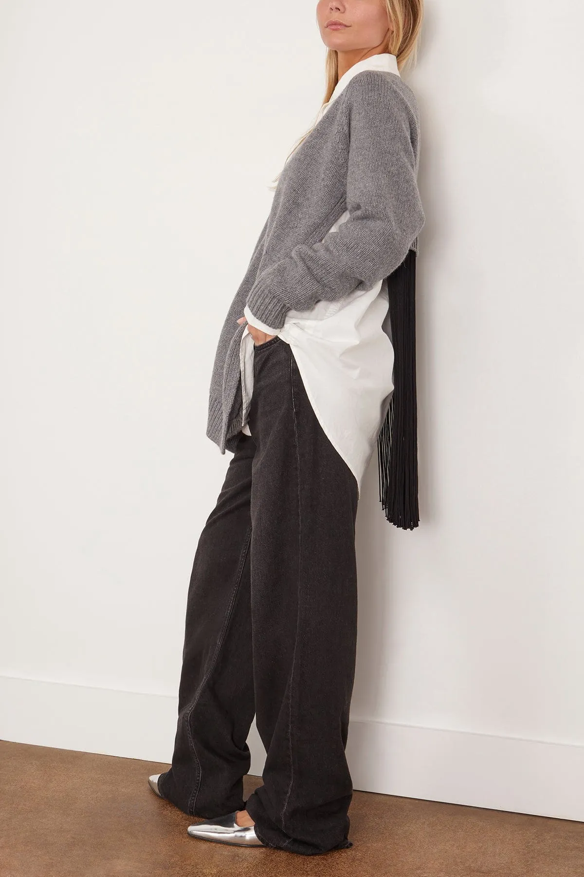 Soft Sweaters Fringed Half Cardigan in Charcoal