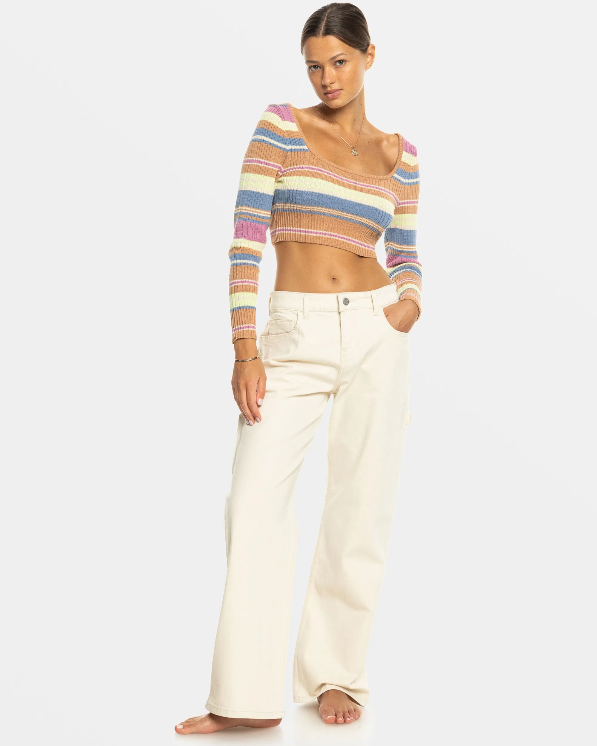 Sunshine Day Cropped Sweater Top - Camel Swithbackstripe Sweaters