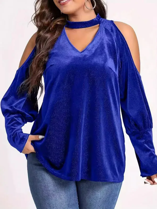 Trendy Velvet Cold Shoulder Blouse with Glitter