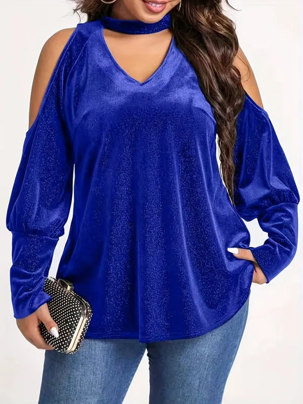 Trendy Velvet Cold Shoulder Blouse with Glitter