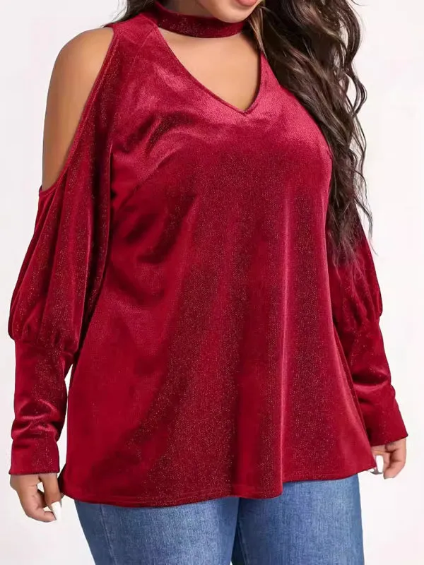 Trendy Velvet Cold Shoulder Blouse with Glitter