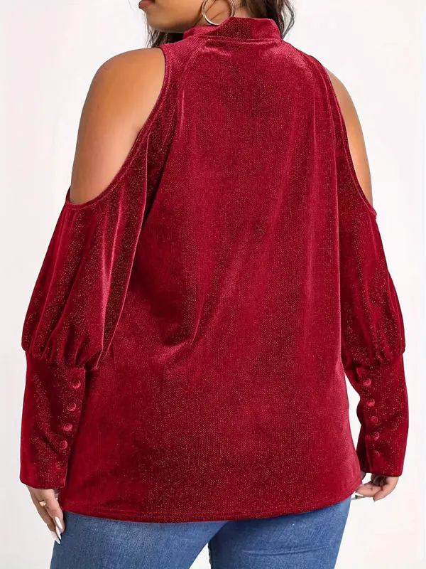 Trendy Velvet Cold Shoulder Blouse with Glitter