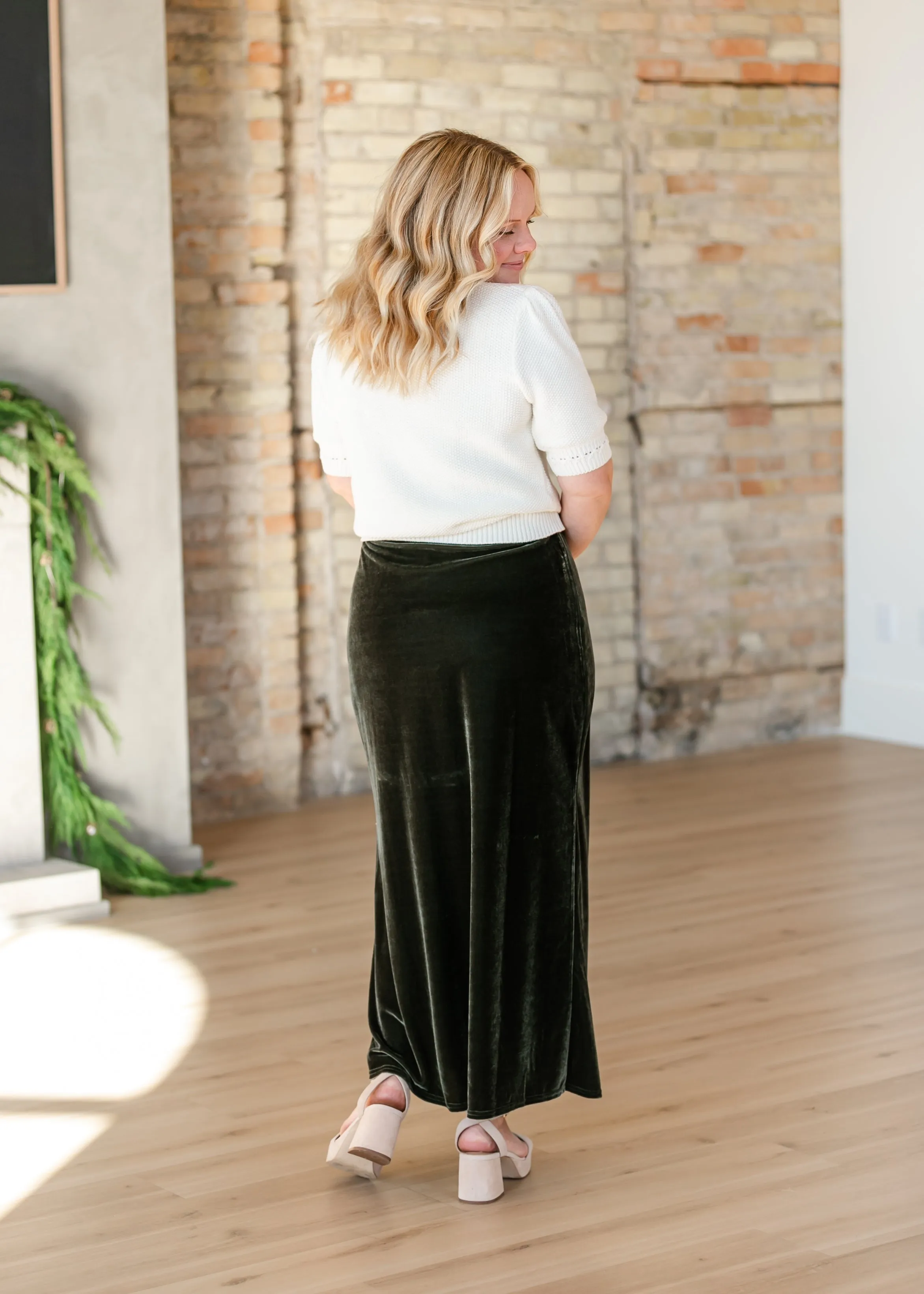 Velvet Pull-on Green Maxi Skirt