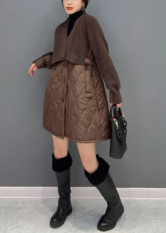 Women Chocolate V Neck Knit Patchwork  Cotton Filled coats Winter