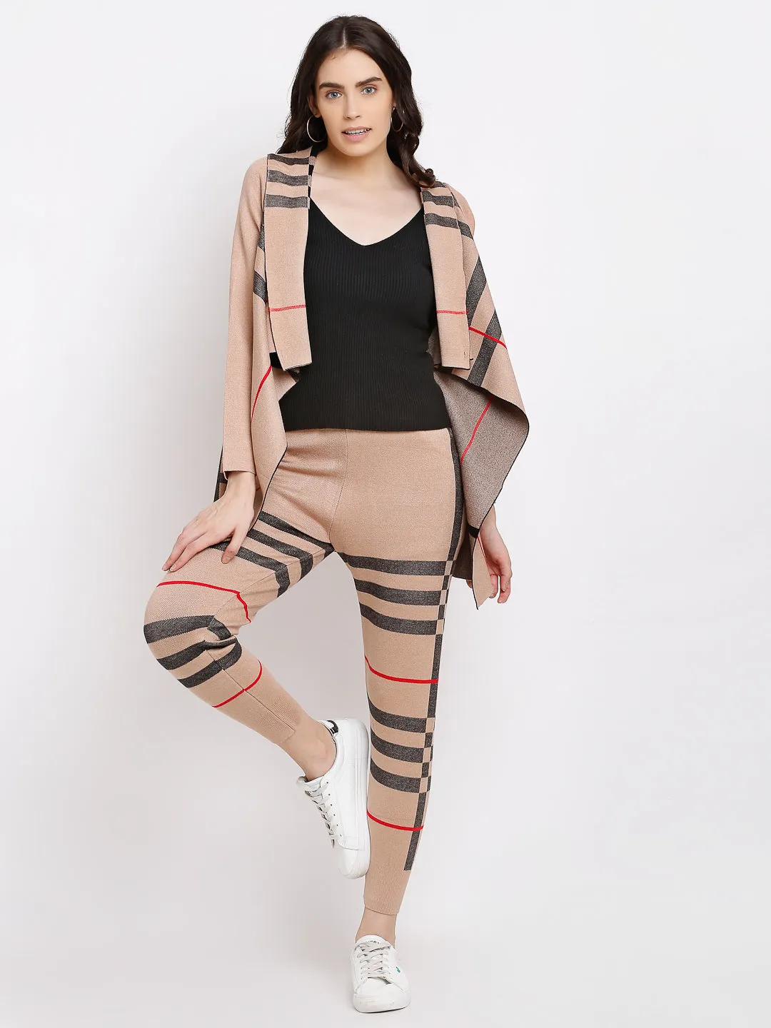 Women Khaki Knitted Striped Open Neck Sets