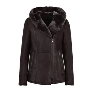 WOMENS HOODED FUR SHEARLING LONG JACKET